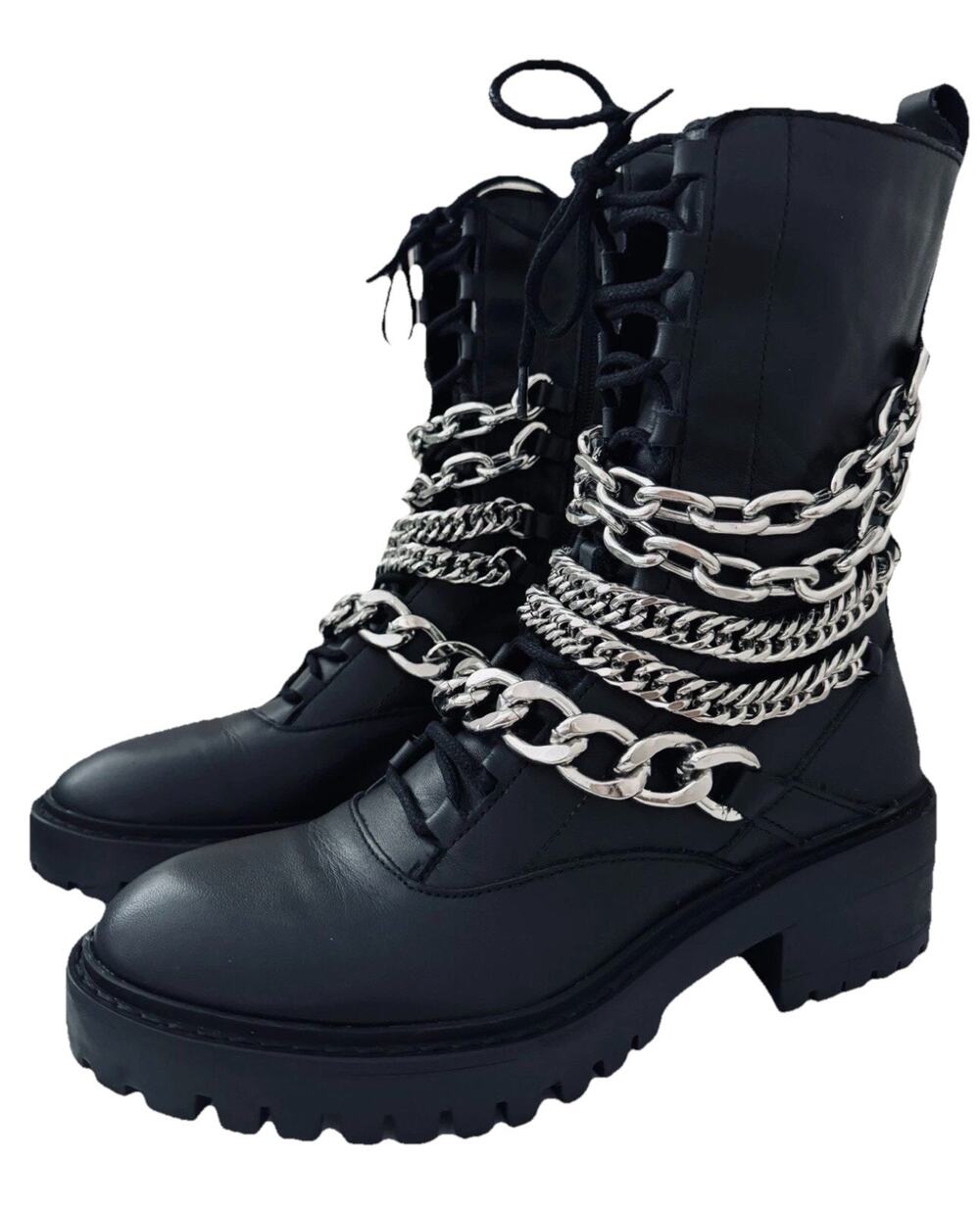Zara Black Leather Chain Combat Boots EU 40 Moto Lug Sole